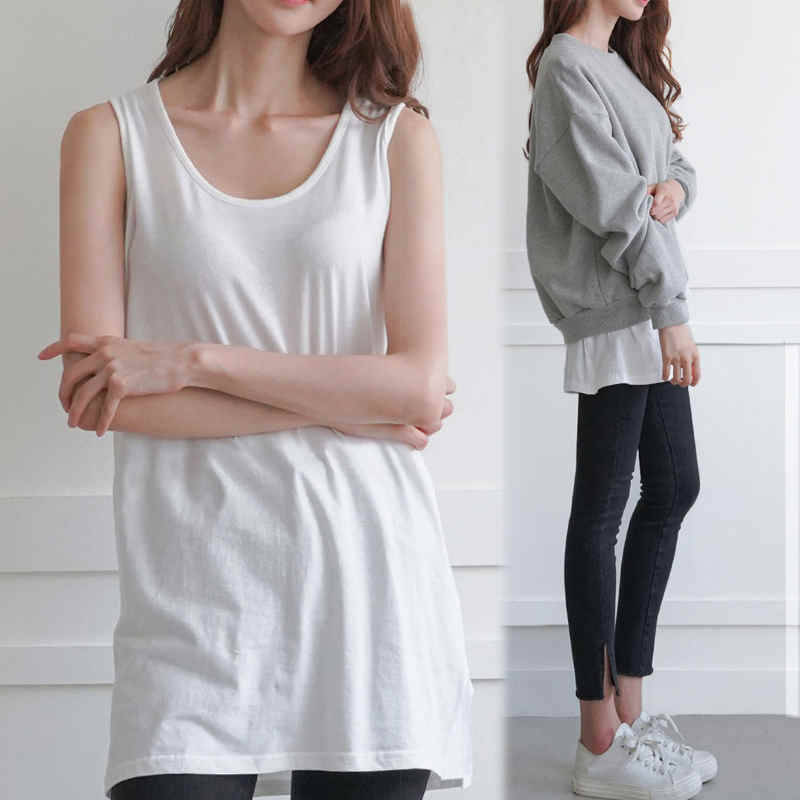 タンクトップ ロングタンクトップ ノースリーブ インナー サイドスリット入り ロング ロング丈 レイヤード tシャツ スリット レイヤード トップス レディース 綿 無地 白 黒 ラウンド裾 つけ裾 ヨガ スポーツ ゆったり 送料無料