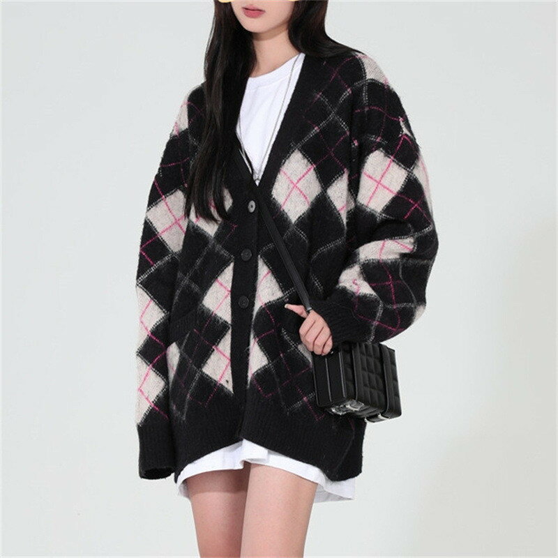 送料無料 ニットカーディガン 長袖 レディース 羽織 カーディガン 婦人服 ニット チェック柄 暖かい 厚手 Vネック ミドル ゆったり 体型カバー カジュアル ニットカーディガン アウター 通勤 通学 トップス