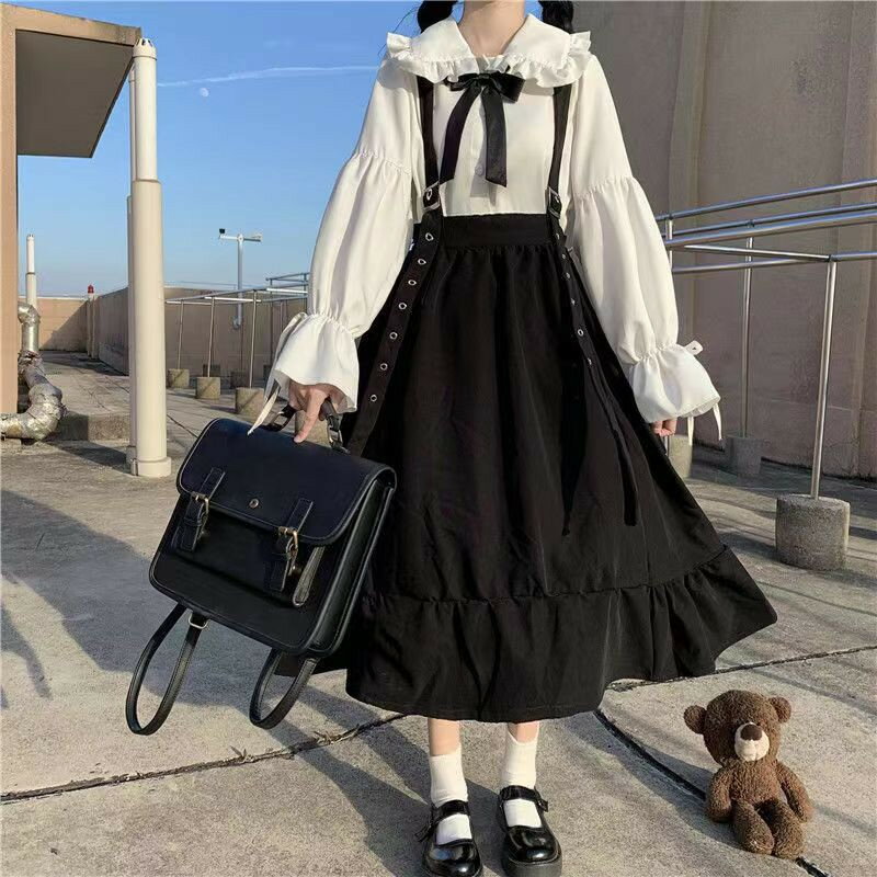 乐天商城 - レディース ロリータ ワンピース 3点セット シャツ＋ワンピース+リボン 長袖 ブラウス セットアップ 春秋 カジュアル 無地 ロング丈 サロペット 学院風 森ガール ガールズ ワンピ 原宿系 萌え