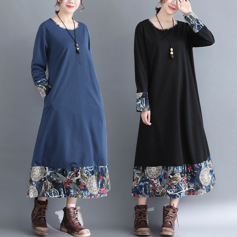 長袖 ワンピース ロング マキシ丈 レディース 花柄 ゆったり 春秋 森ガール バイカラー 体型カバー 大きいサイズ マキシワンピース プリント きれいめ オシャレ 大人 上品