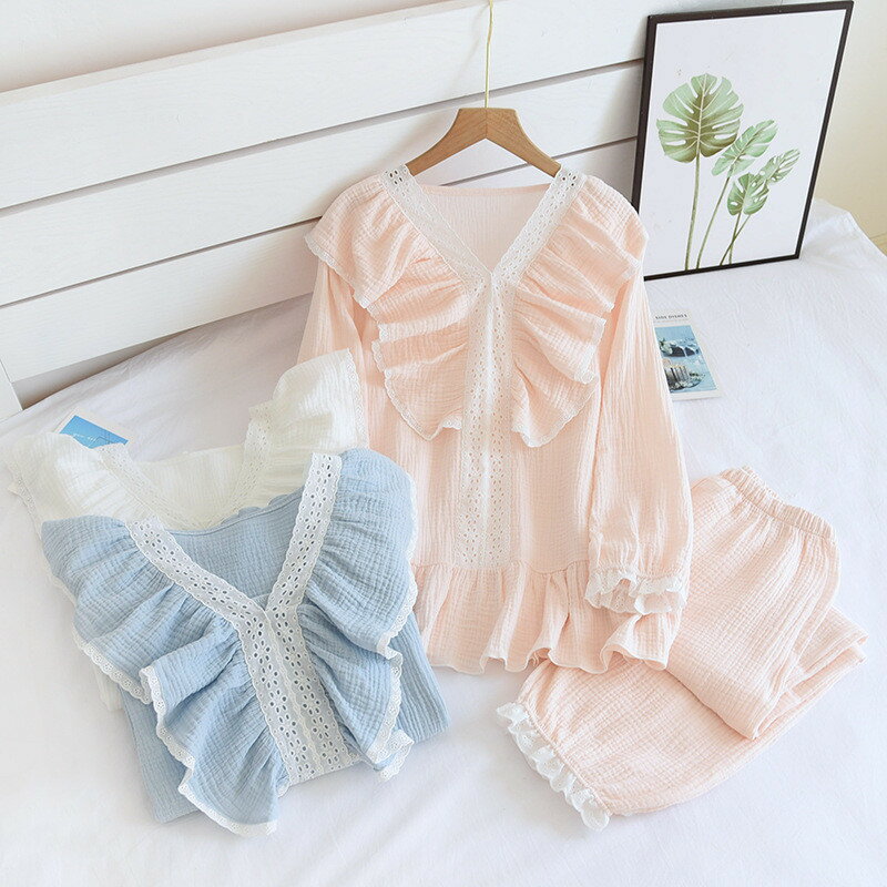 パジャマ ルームウェア ネグリジェ ワンピース vネック 綿100% ルームワンピース ダブルガーゼ おしゃれ ゆったり ロング レディース 長袖 姫系 春秋冬...