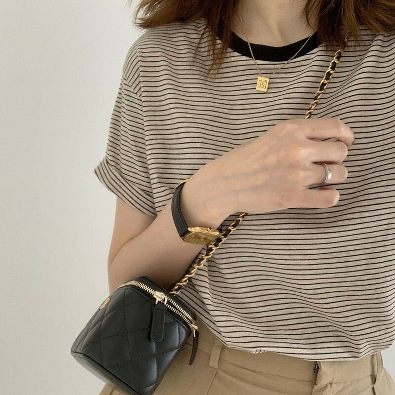 カットソー カジュアル 送料無料 トップス ボーダー レディース クルーネック 半袖 ゆったり ロンT 夏 大きいサイズ オーバーサイズ 折返しスリーブデザイン 韓国プルオーバー M L XL 2XL 3XL