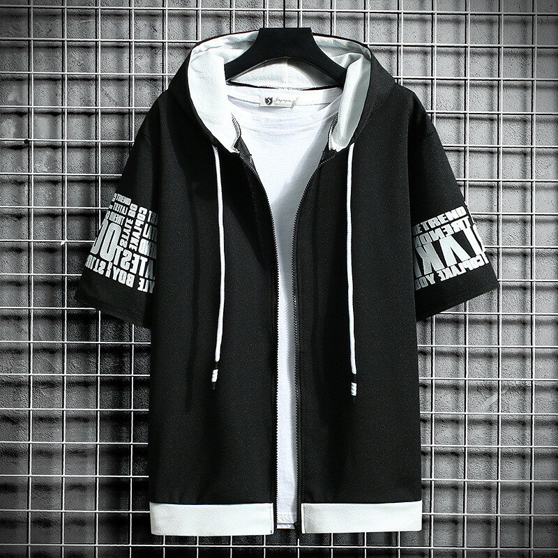 乐天商城 - 薄手 フード付き トレーナー メンズ 春夏 プリント パーカー 前開き トップス 半袖 Tシャツ おしゃれ カジュアル 大きいサイズ スウェットパーカー メンズファッション パーカートップス 夏