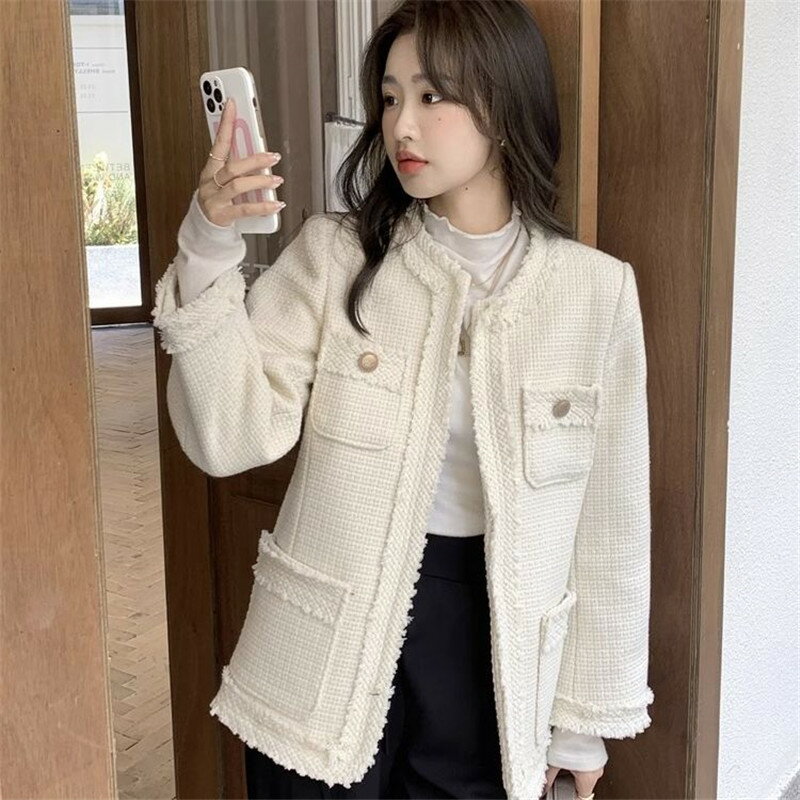 ツイードジャケット ノーカラー レディース ツイード ジャケット スーツ ノーカラージャケット アウター フリンジ ブレード 春秋 春 秋 ノーカラー アウター ショートコート ミモレコート ラウンドネック フォーマルジャケット