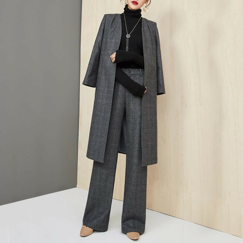 【送料無料】パンツスーツ レディース セットアップ チェック柄 2点セット ロングコート 上品 お洒落 パンツスーツ 長袖 ロングジャケット+パンツ リクルート...