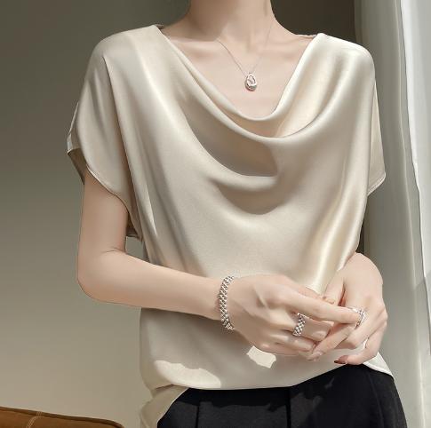 Other - XL レディース 夏服 半袖 ブラウス tシャツ 無地 トップス 夏 シルク調 ゆったり おしゃれ 送料無料 フレンチスリーブ カジュアル シャンバン　ピンク　グリーン　ホワイト　ブラック L 4XL 2XL 3XL シャツブラウス