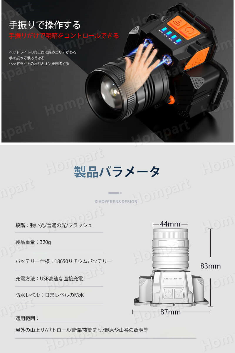 Hompartのお買い物マラソン【P5倍】LEDヘッドライト 充電式 ヘッドライト 釣り 作業 スマート感応 高輝度 充電式 残量表示 手振りで感応する 3段階の点灯モード USB輸出 登山 夜釣り アウトドア作業 スマホに充電できます 車載 調節可 高光量 軽量 暗所作業 作業用ライト｜アングル2