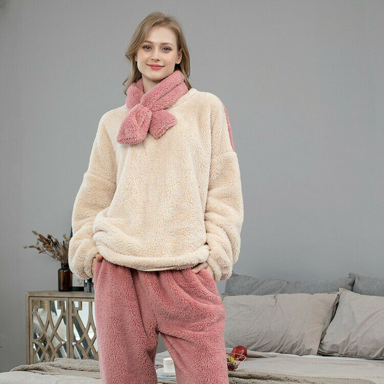 Rakuten - パジャマ レディース 冬 3点セット ルームウェア 秋冬 裏起毛 厚手 マフラー 暖かい もこもこパジャマ 長袖 大きいサイズ ナイトガウン セットアップ 部屋着 かわいい ゆったり おしゃれ 可愛い 寝巻き ナイトウェア 2色 M-2XL