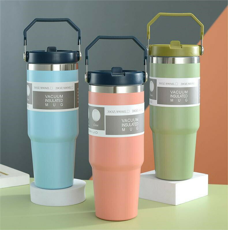 タンブラー 保温 保冷 蓋つき タンブラー 持ち運び タンブラー ストロー付き 600 900ml 直飲み 水筒 持ち手付き タンブラー こぼれない 大容量 カップ