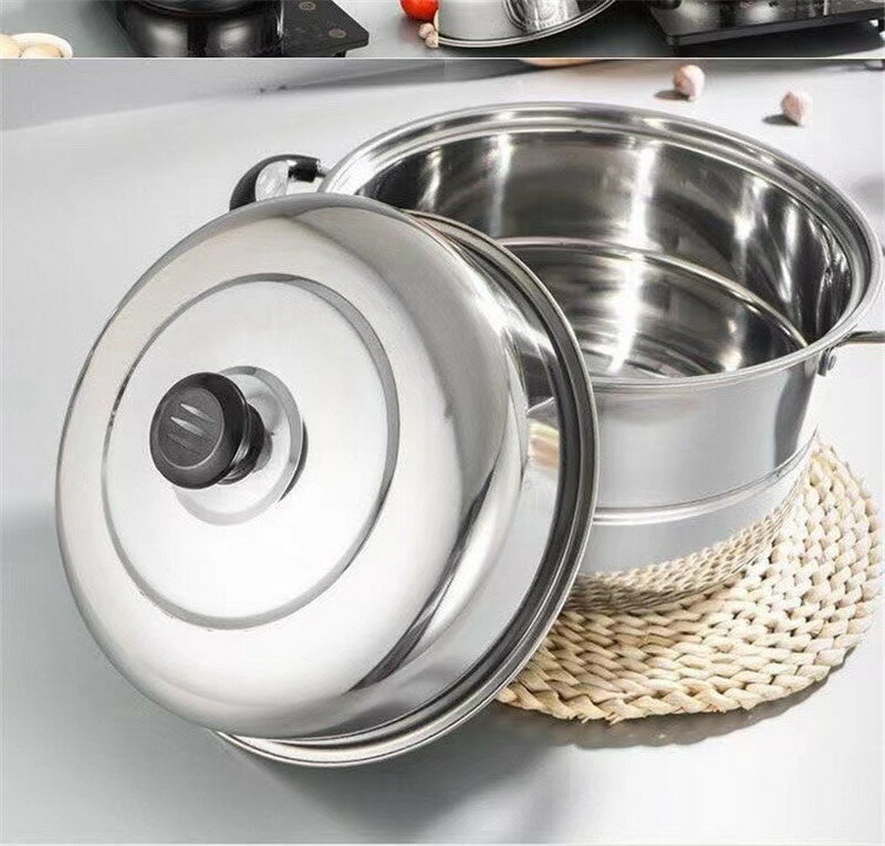 Ih/Gas Compatible - 蒸し器 両手鍋 蒸し鍋 中華鍋 2段 満菜 ステンレス製 IH対応 深型 多用途 各種熱源対応 クリア蓋 蒸し用プレート付属 サイズ28cm〜32cm