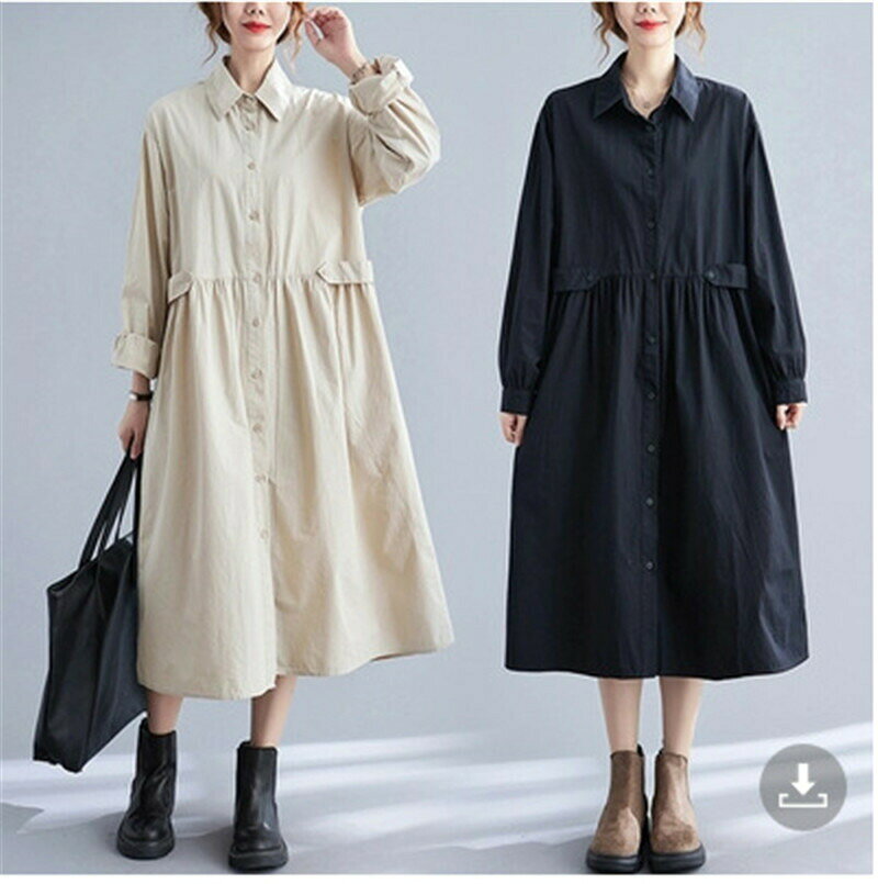 乐天商城 - 大きサイズ シャツワンピース ロング丈 カジュアルワンピース ゆったり 大きサイズ ワンピース ミモレ丈 膝下丈 体型カバー 春 長袖ワンピース