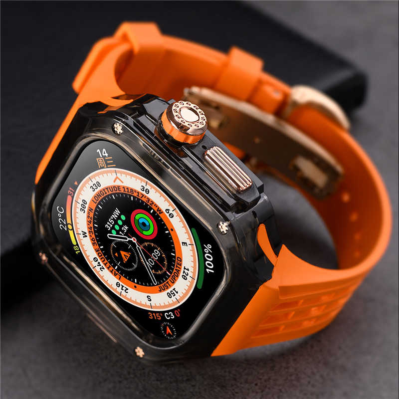 アップルウォッチ apple watch case バンド メンズ ケース フッ素ラバー カバー ベルト 一体型 クリア ピンクゴールドバタフライバックル レディー スポーツ おしゃれ かわいい むれない series8 7 6 SE 5 4用 44mm 45mm用 アウトドア 保護 頑丈 送料無料