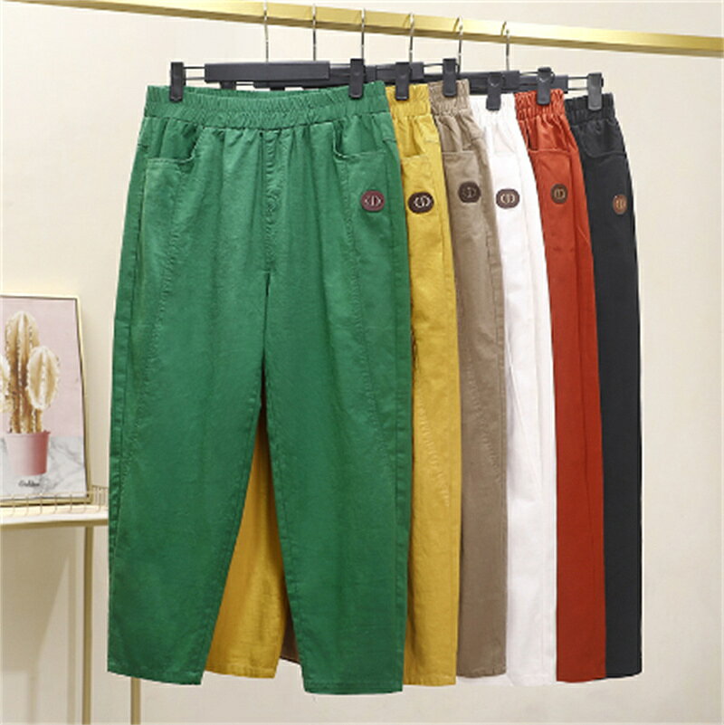 Linen, Hemp - リネンパンツ 無地 ウエストゴム 綿麻パンツ サルエルパンツ ロゴ レディース リラックスパンツ チェックパンツ テーパードパンツ 9分丈 ーパード ロングパンツ テーパードパンツ サルエル ゆったり ナチュラル 春夏 20代 イージーパンツ