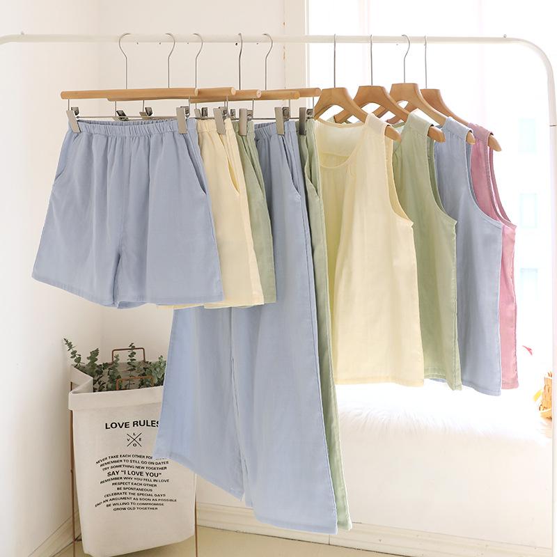 ルームウェア ノー 部屋着 ルームウェア ノー 部屋着 女性用 夏の 綿 ガーゼ パジャマ 薄手 無地の ベスト ショーツ サイド ポケット 付き ゆったり ホームウェアの ズボン 屋外で 着用 可能