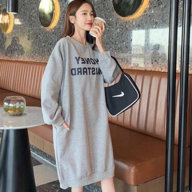 乐天商城 - ゆったり パーカーワンピース 暖かい プルオーバー 無地 レディース ビッグトレーナー 厚手 裏起毛 長袖 ルームワンピース 春 かわいい ルームウェア 部屋着 パジャマ ロング丈 ロング丈 秋 冬 プリント 大きいサイズ ポケット付き カジュアル 黒 グレー