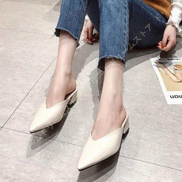 ミュール サンダル ポインテッドトゥ 前ふさがり レディース ローファー チャンキーヒール つま先あり ..