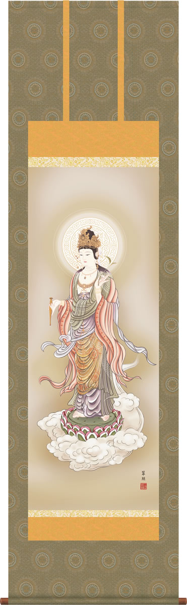 掛け軸 雲上観音 鈴木翠朋 尺五 桐箱 仏画掛軸・送料無料掛け軸[床の間 仏間 飾る 法事 法要 供養 仏事 初盆 追善供養 モダン 贈答 表装]