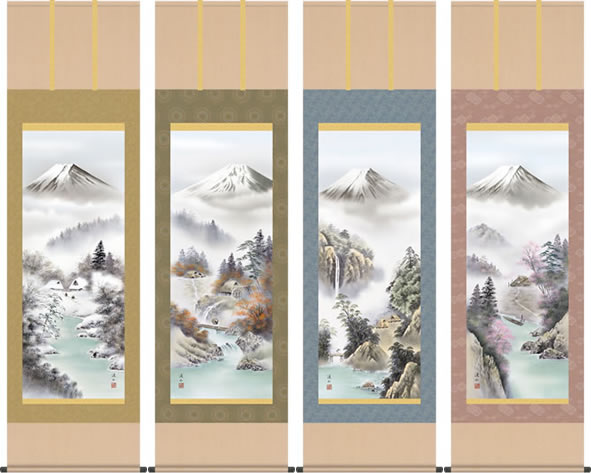 乐天商城 - 四季山水画 掛軸-四季風情[四幅組]/伊藤渓山(尺五)床の間 和室 オシャレ モダン 高級 表装 ギフト インテリア 贈答 四季 掛け軸[送料無料]