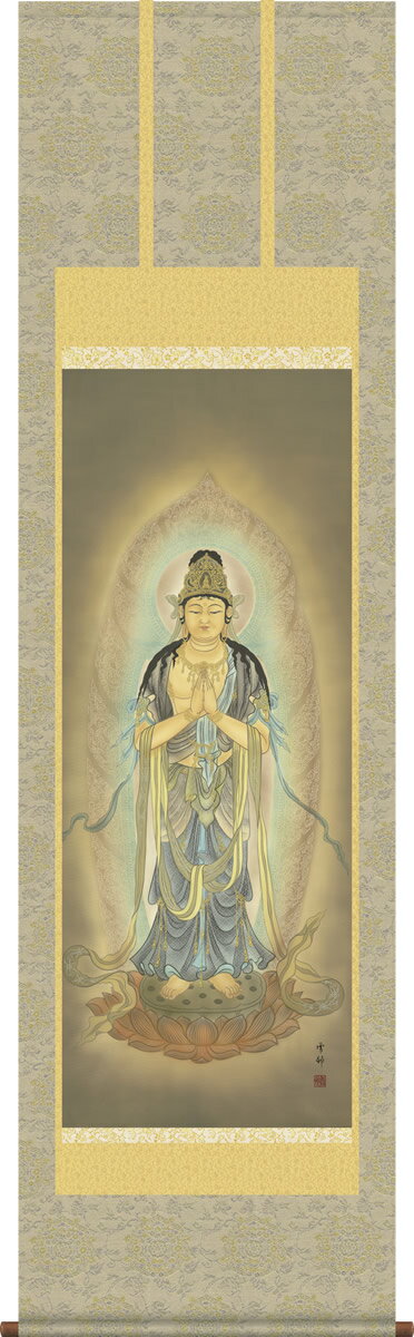 光彩を放ちながらあらわれる慈愛に満ちた観音様掛軸（かけじく）とは、書や日本画を裂（きれ）や紙で表装して、床の間などに掛けて鑑賞するものである。掛物（かけもの）とも呼ばれる。日本の室内装飾では重要な役割を果たしている。〜WikipediaBuddhist paintings hanging scroll in peace of mind! 仏画掛け軸で安らかな空間を創造する！一幅の掛軸が床の間を演出いたします！ 狩野芳崖の絶筆とされるあまりにも有名な名構図を迫真に復刻した、母の深い慈しみを画面一杯に湛える、慈愛に満ちあふれた作品です。 ●幅54.5×高さ190cm ●本紙・・・新絹本 ●軸先・・・陶器 ●桐箱畳紙収納 ●表装品質十年間保証付き 日本画構図の開発と国内生産品にこだわった製品です！ 作品は特殊印刷に手彩色仕上げとなっています。 送料無料サービス中♪掛軸（かけじく）で慈愛と慈悲を、掛物（かけもの）で至福と平安を、和みの掛け軸（かけじく） 〜心にも飾る・掛け軸の【ほなこて】〜 仏（佛）画掛け軸で慈愛と仏徳を招く！Buddhist painting この掛け軸は特製オニックス製風鎮付きも選べます この掛け軸は専用桐箱に収納してお届けいたします♪