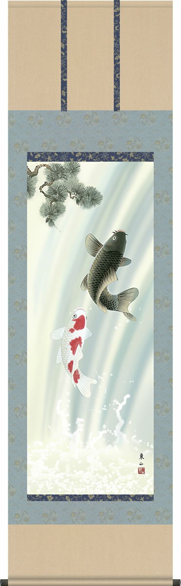 掛け軸 夫婦滝昇鯉 榎本東山 尺五 桐箱 床の間に男児の成長祈願で飾る端午の節句画掛軸、初節句のお祝い掛軸としてもどうぞ♪送料無料、伝統の床の間飾り