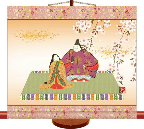 Rakuten - ミニ掛け軸ひな祭り-吉祥雛/伊藤 香旬（樹脂製飾りスタンド付き）コンパクトサイズの掛軸
