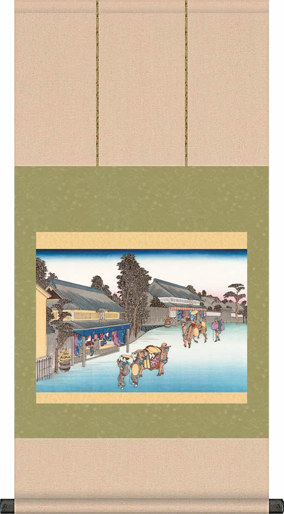 掛け軸-鳴海 名物有松絞（東海道五十三次）／歌川 広重[飾りスタンド付き]