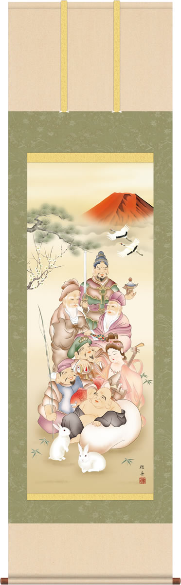 掛け軸-七福縁起兎之図／長江 桂舟(尺五)新年 ウサギ 卯年干支 モダン掛軸 縁起 うさぎ 躍進 目出度い[幅54.5×高さ190cm]