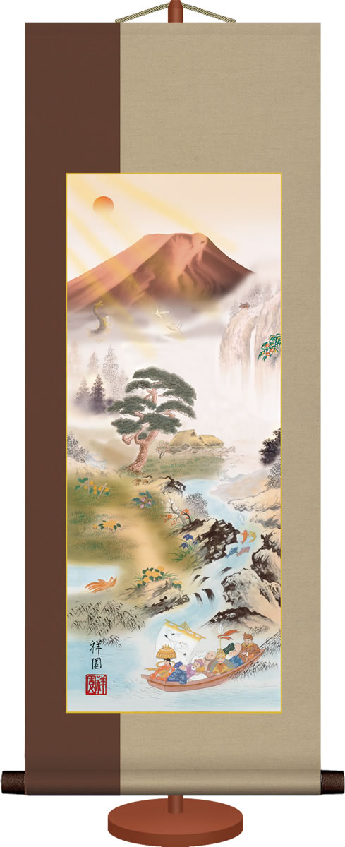 ミニ掛軸-開運四神山水/山本 祥園(専用飾りスタンド付き)和風モダン掛け軸 招福開運画 コンパクト[送料無料]