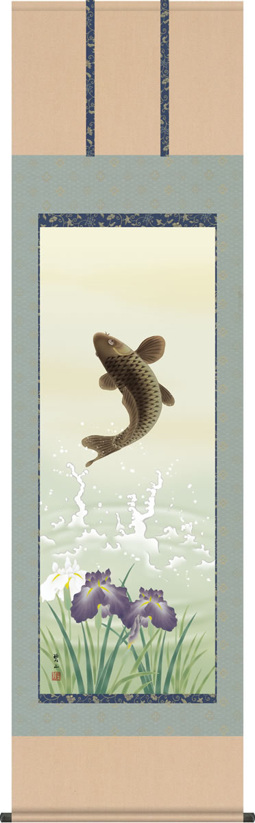 端午の節句画掛軸-跳鯉/唐沢碧山(尺五)床の間 和室 高級 掛け軸 人気 お祝い 祭り モダン オシャレ 吊るす 鯉の絵[送料無料]