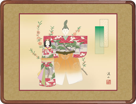 華やかな宮廷文化を今に伝える愛らしいお雛様 女桑調仕上げの高級隅丸額で仕立てられた作品。和洋飾る場所を選ばない、落ち着きと気品のある桃の節句画作品です。 ●幅63×高さ48cm ●本紙・・・新絹本 ●額・・・天然女桑材（隅丸仕上げ・アクリル...