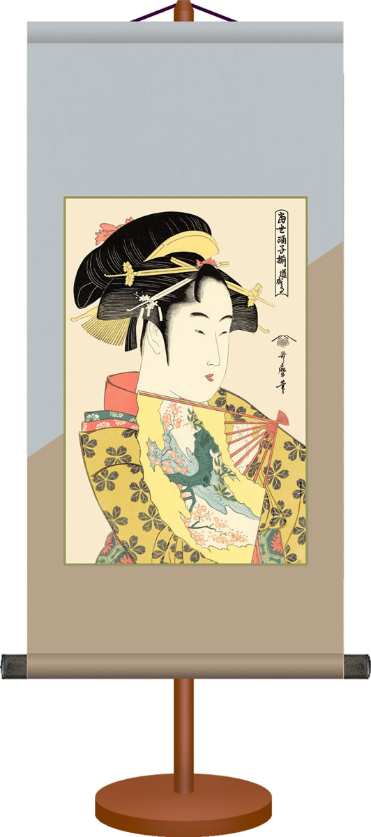 ミニ掛け軸-道成寺/喜多川歌麿[専用飾りスタンド付き]和風モダン掛軸 浮世絵 美人画[送料無料]