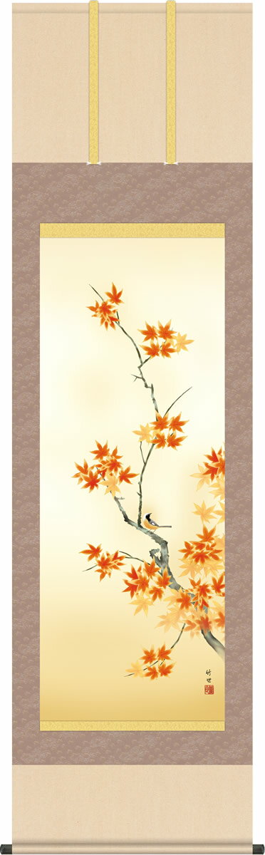 乐天商城 - 秋の掛け軸 紅葉に小鳥 田村竹世 尺五 本表装 床の間 花鳥画 モダン 掛軸[送料無料] ギフト 贈り物[幅54.5cm×高さ190cm]