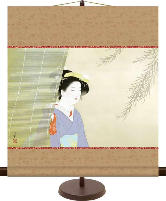 Rakuten - 和風モダンミニ掛け軸 日本の名画 涼風 上村松園 飾りスタンド付き 部屋置き[送料無料]