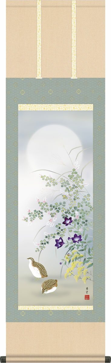 秋掛け 掛け軸 秋草に鶉 茂木蒼雲 尺三 小振り 本表装 床の間 花鳥画 モダン 掛軸[送料無料] ギフト 贈り物[幅44.5cm×高さ164cm]