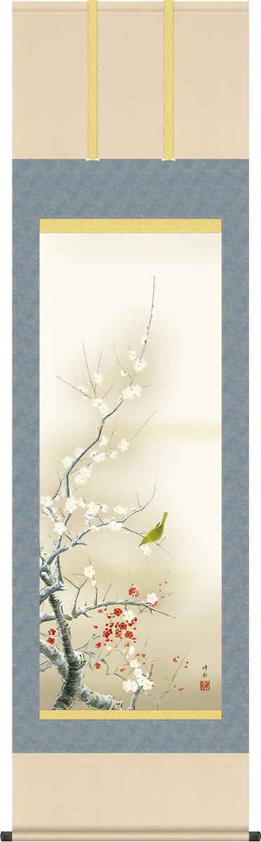 掛け軸-紅白梅に鶯 園田 峰彩(尺五) 床の間 和室 モダン オシャレ かけじく 表装 壁掛け 飾り