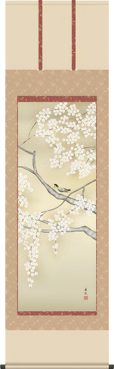 掛け軸-桜花に小鳥 西尾 香悦(尺五)正絹 床の間 和室 モダン オシャレ かけじく 表装 壁掛け 飾り