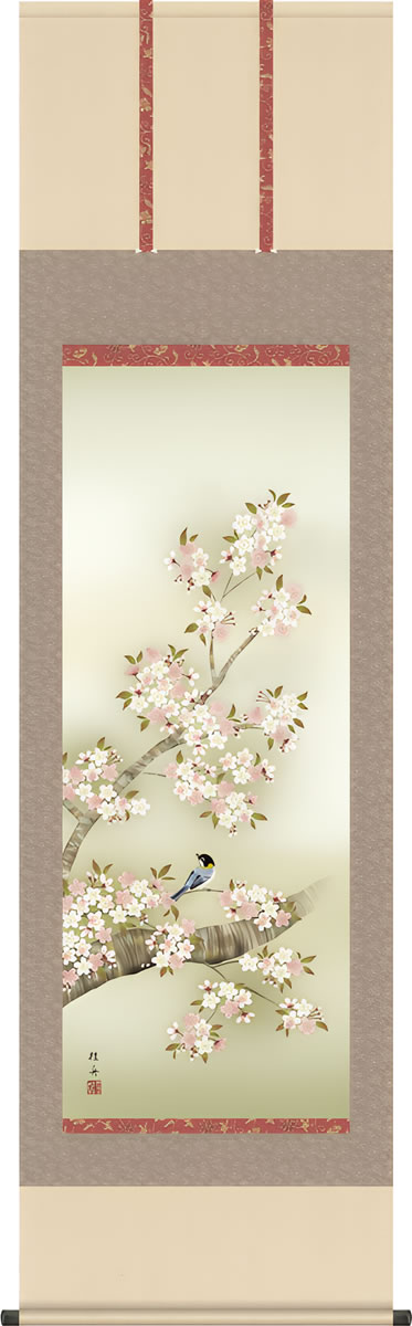 掛け軸-桜花に小鳥 長江 桂舟(尺五) 床の間 和室 モダン オシャレ かけじく 表装 壁掛け 飾り