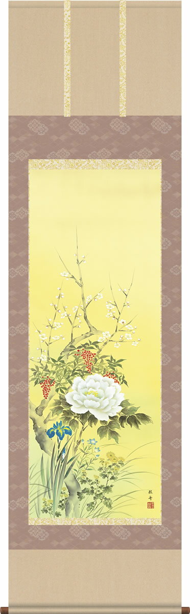 由緒ある季節の吉祥花たちが一斉に咲き誇る 掛軸（かけじく）とは、書や日本画を裂（きれ）や紙で表装して、床の間などに掛けて鑑賞するものである。掛物（かけもの）とも呼ばれる。日本の室内装飾では重要な役割を果たしている。〜Wikipedia Fe...