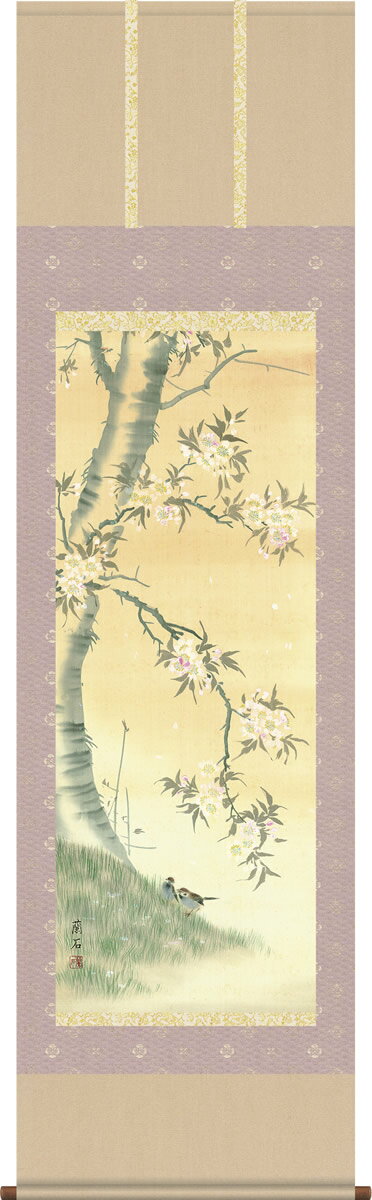 Hanging Scrolls - 掛軸 掛け軸-桜花/高見蘭石 花鳥画掛軸送料無料(尺五 桐箱 緞子)