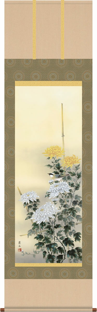 掛け軸 掛軸-流麗菊花/高見 蘭石（尺五 桐箱）和室、床の間に飾る モダンに掛物を吊るす [送料無料]