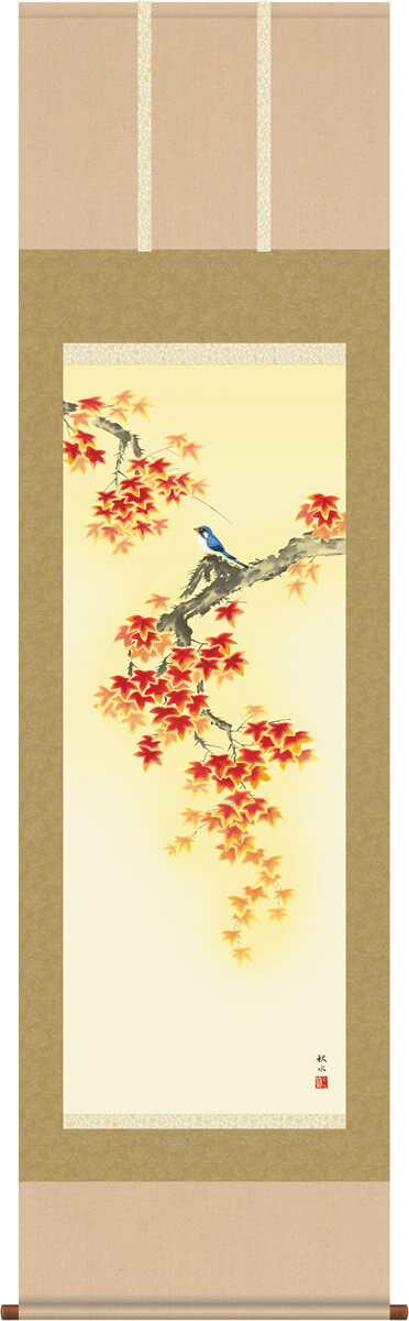 掛け軸 掛軸-紅葉に小鳥/浮田 秋水（尺五 桐箱）和室、床の間に飾る モダンに掛物を吊るす