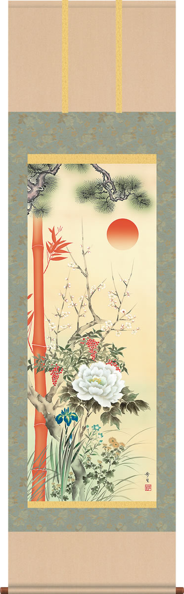 Rakuten - 掛け軸 四季百花繚乱之図 北山歩生 尺五 桐箱 [和室 床の間 開運 起画の良い お洒落 壁掛け つるす 安い モダン ギフト 表装]