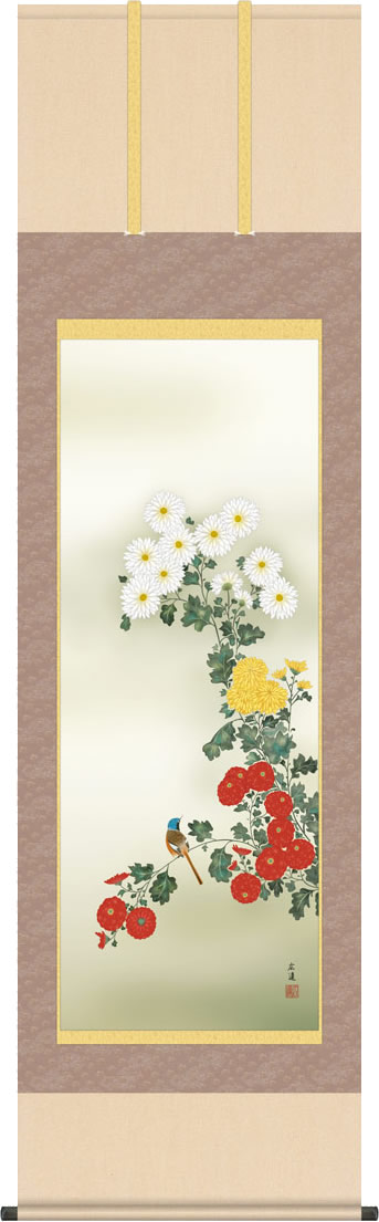 Rakuten - 掛け軸 菊花に小鳥 田中広遠(尺五) モダン オシャレ 床の間 三段表装 秋 季節 きっかにことり [幅54.5・高さ約190センチ]