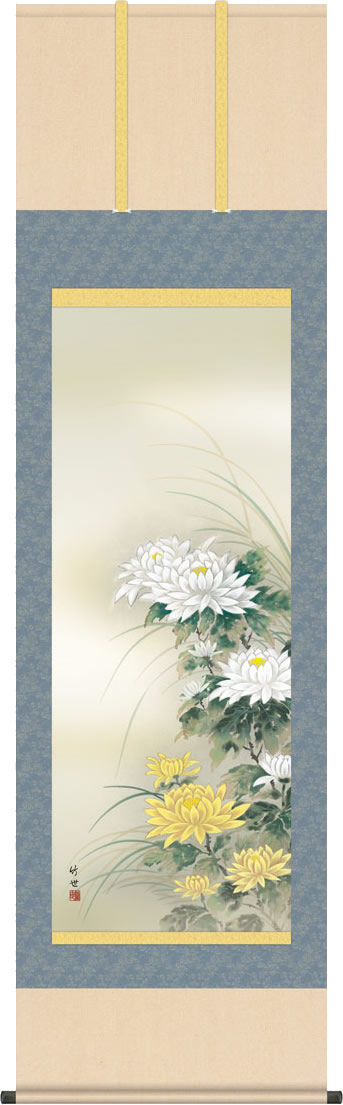 Rakuten - 掛け軸 菊花 田村竹世(尺五) モダン オシャレ 床の間 三段表装 秋 季節 きっか [幅54.5・高さ約190センチ]