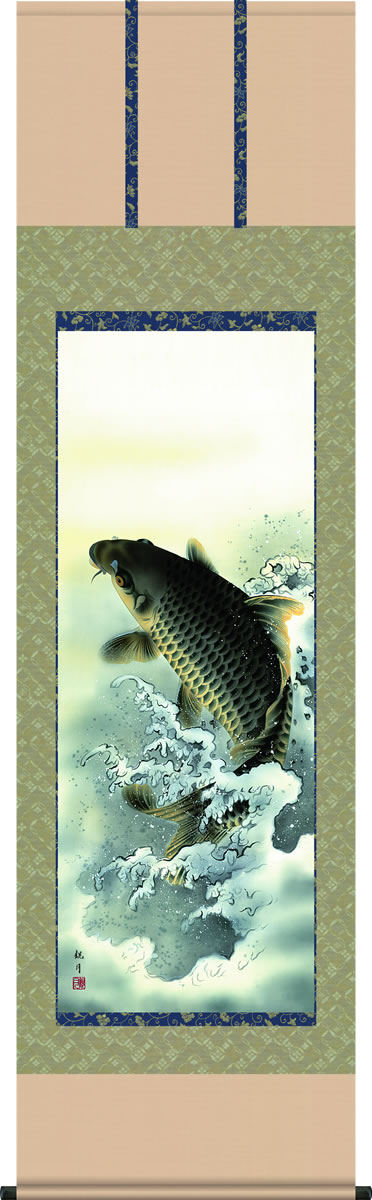 掛け軸-大昇鯉／森山観月（尺五・桐箱・正絹）床の間に男児の成長祈願で飾る端午の節句画掛軸、初節句のお祝い掛軸としてもどうぞ、送料無料、伝統の床の間飾り、男の子誕生祝、出産祝い