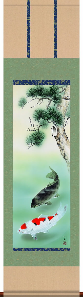 掛け軸 松下遊鯉 長江桂舟 尺三 化粧箱 床の間に男児の成長祈願で飾る端午の節句画掛軸、初節句のお祝い掛軸としてもどうぞ、送料無料、伝統の床の間飾り、男の子誕生祝、出産祝い