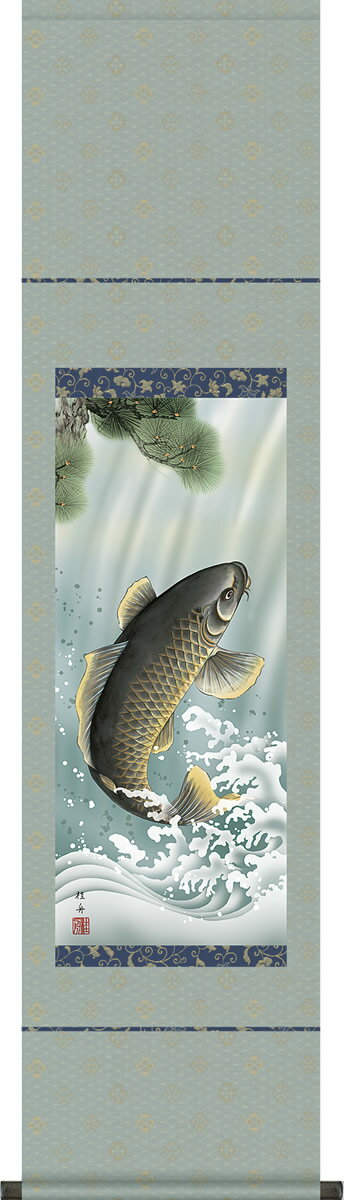 掛け軸 大昇鯉 長江桂舟 コンパクト尺幅 化粧箱 床の間に男児の成長祈願で飾る端午の節句画掛軸、初節句のお祝い掛軸としてもどうぞ、送料無料、伝統の床の間飾り、男の子誕生祝、出産祝い