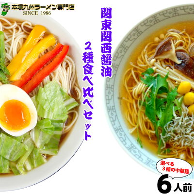 本場九州ラーメン専門店 関東 関西醤油ラーメン食べ比べセット(2種 6食) 関東風濃口醤油ニンニク風味(中華そば味×3食) 京風の薄口しょうゆ(和風味×3食) 飲食店にもご利用頂く自信作です 保存食 ギフト 御中元 内祝 九州生麺