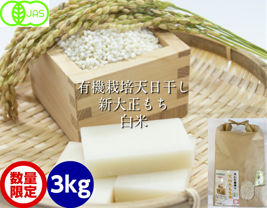 令和5年産 新米 もち米・白米 3kg・新大正モチ 無農薬 有機栽培米・天日干し・JAS認証・EM農法［EM菌、有機/有機栽培/無農薬・オーガニック/餅米］