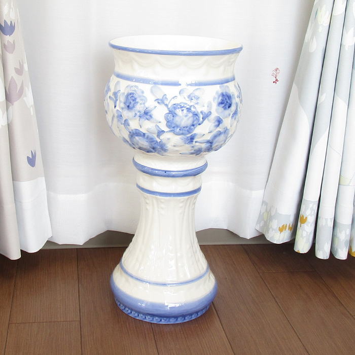 鉢カバー(プランターカバー) 陶器製 『プランタコラム ブルー』 径20×高さ45cm ポルトガル製の輸入 おしゃれな鉢カバー